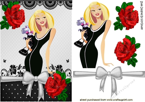 Pretty Artwork lady with puppy in black with red roses A5