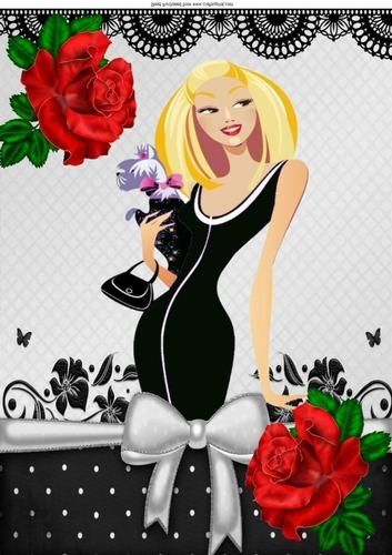 Pretty Artwork lady with puppy in black with red roses A4