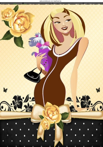 Pretty Artwork lady with puppy in brown dress/ roses A4
