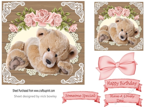 cute teddy with pink roses bow in a wooden frame 7x7