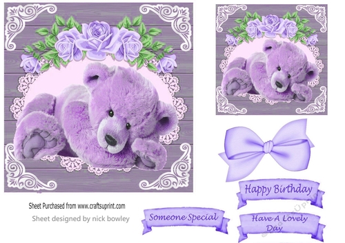 cute teddy with lilac roses bow in a wooden frame 7x7