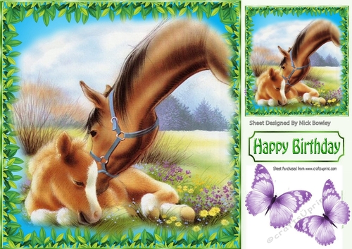 Sweet horse with her foal and purple butterflies 8x8
