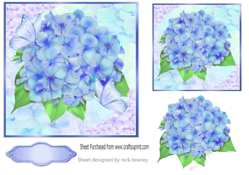 pretty blue hydrangeas with butterflies 7x7 topper