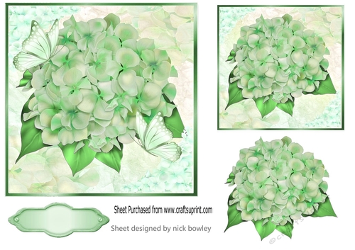 pretty green hydrangeas with butterflies 7x7 topper