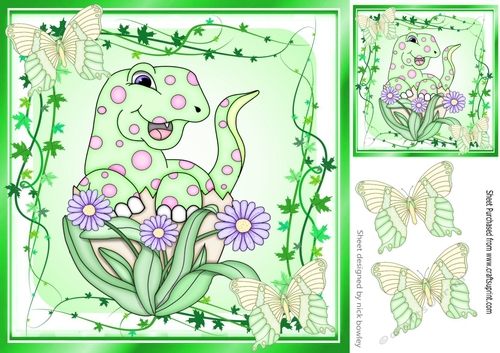 little green dinosaur with flowers and buterflies 8x8