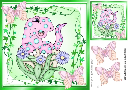 little pink dinosaur with flowers and buterflies 8x8