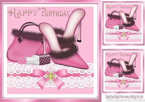 pink shoes/handbag/and lippy on lace bow 8x8