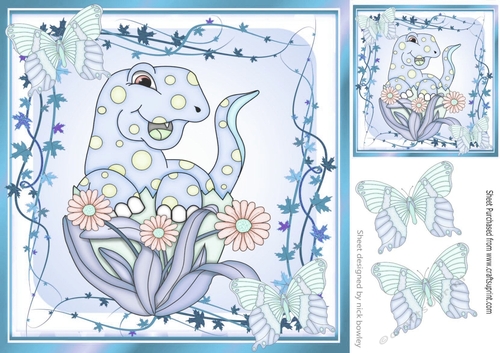 little blue dinosaur with flowers and buterflies 8x8