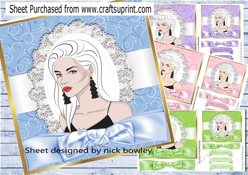 4 ladies in scroll frames with bows 7x7 card fronts mini kit
