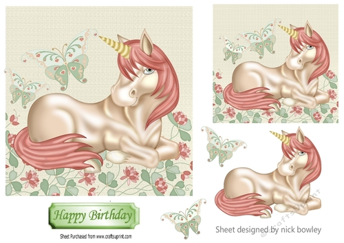 Fantasy peach unicorn with butterflies and flowers 7x7