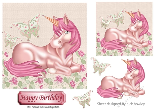Fantasy pink unicorn with butterflies and flowers 7x7