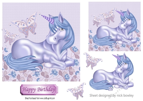 Fantasy blue unicorn with butterflies and flowers 7x7