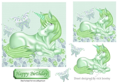 Fantasy green unicorn with butterflies and flowers 7x7