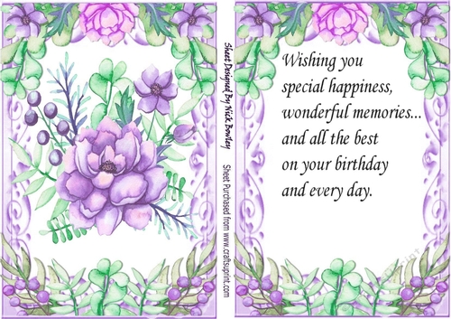 Pretty purple water colour flowers, in floral frame A5 with insert