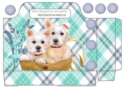 cute westies in a basket with turq tartan and flowers tote gift bag
