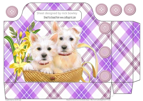cute westies in a basket with purple tartan and flowers tote gift bag