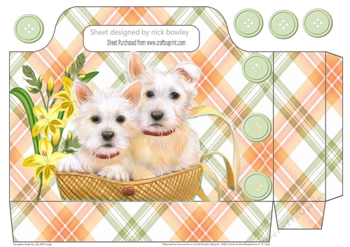 cute westies in a basket with peach tartan and flowers tote gift bag