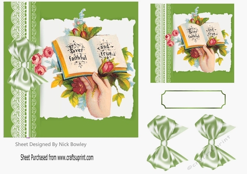 Pretty vintage flowers with book with green bows and lace 7x7