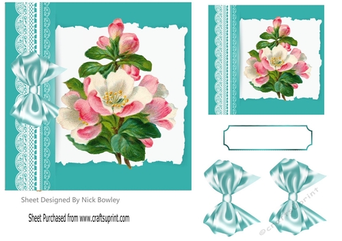 Pretty lace, turq bow abstract 7x7 card front with flowers