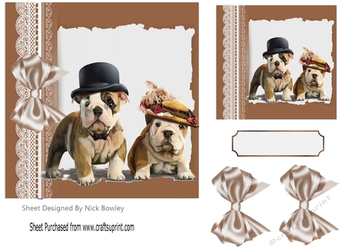 Pretty lace, brown bow abstract 7x7 card front with cute dogs