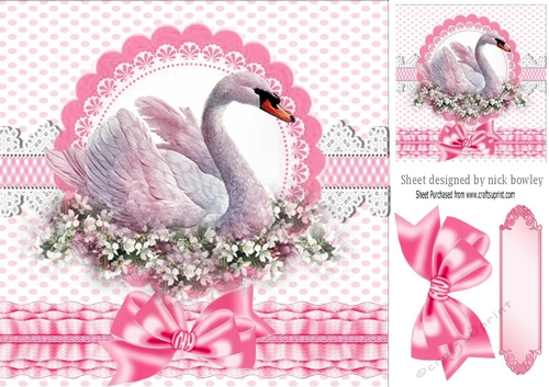 Pretty swan with pink flowers and lace with bow 8x8 card front