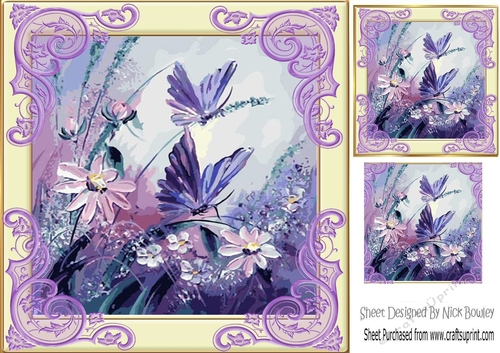 Pretty shades of purple flowers and butterflies 8x8