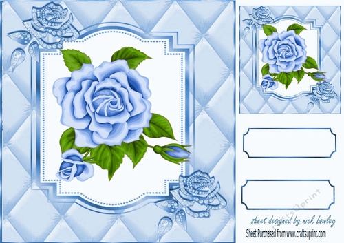 Pretty Blue Rose in quilt frame 8x8 with diamonds