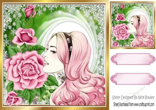 Pretty lady with pink roses 8x8