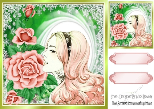 Pretty lady with peach roses 8x8