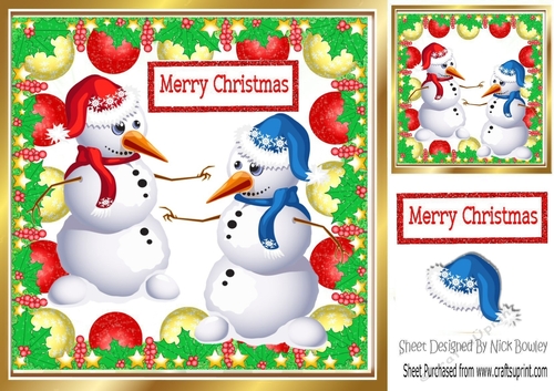 Pair of jolly snowmen in a bauble frame 8x8