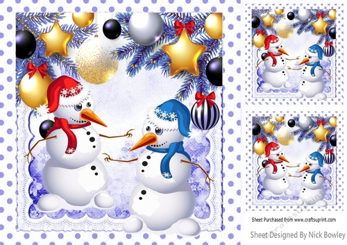 Pair of jolly snowmen in a bauble frame with blue dot frame 8x8