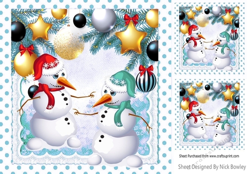 Pair of jolly snowmen in a bauble frame with turq dot frame 8x8