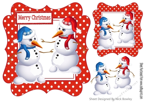 Pair of happy snowmen in red dot frame 7x7