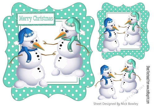 Pair of happy snowmen in turq dot frame 7x7