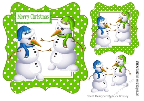 Pair of happy snowmen in green  dot frame 7x7