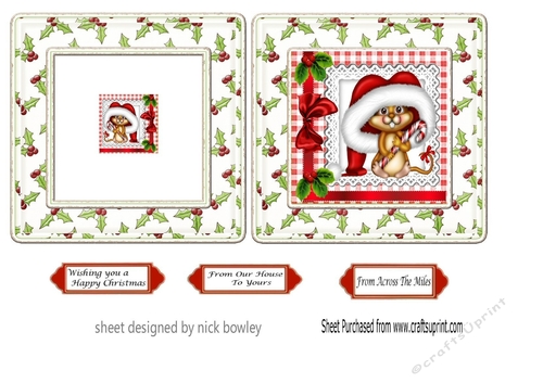 Lovely mouse in  santa hat red bow in festive frame 5x5