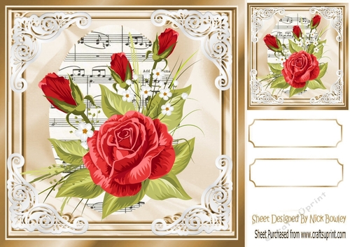 pretty red roses on music in ornate frame 8x8