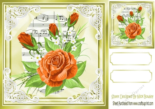 pretty peach roses on music in ornate frame 8x8