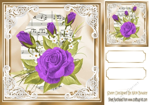 pretty purple roses on music in ornate frame 8x8