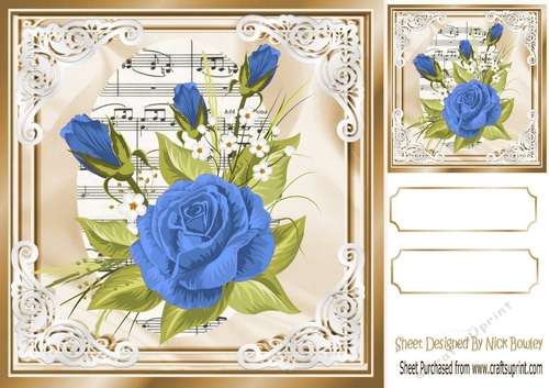 pretty blue roses on music in ornate frame 8x8