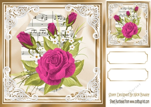 pretty pink roses on music in ornate frame 8x8
