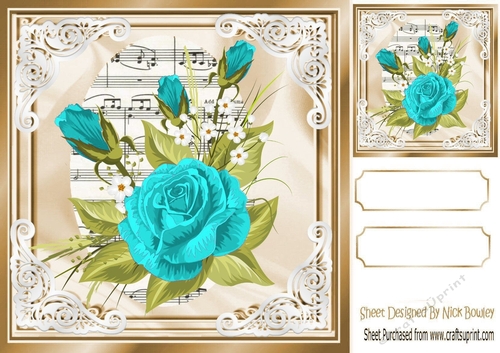 pretty turq roses on music in ornate frame 8x8