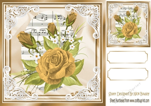 pretty gold roses on music in ornate frame 8x8