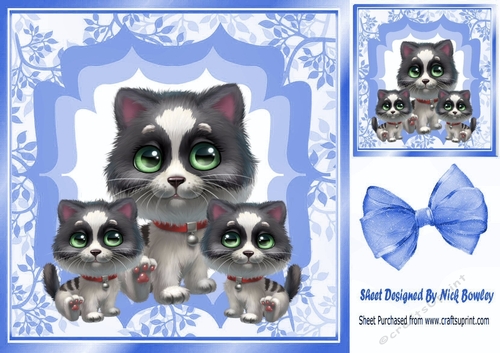 Cute kitten family with blue bow 8x8