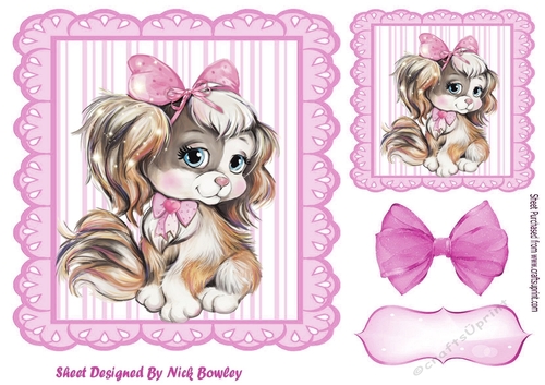 pretty puppy with pink bows in candy pink 7x7 frame 