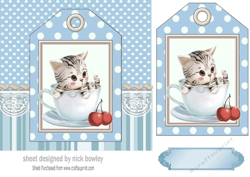 Cute kitten in a teacup with blue polkadot tag 7x7