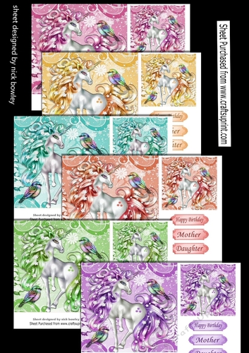 6 pretty coloured unicorns with birds 7x7 card front mini kit