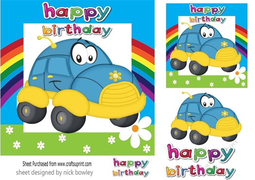Love toony blue car with rainbow 7x7