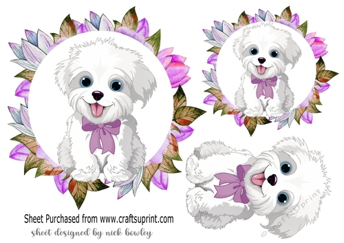 pretty flower frame toppers with white puppies lilac