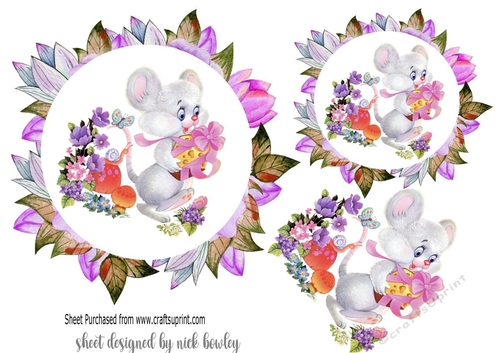 pretty flower frame toppers in lilac with cute mouse,  toppers/inserts